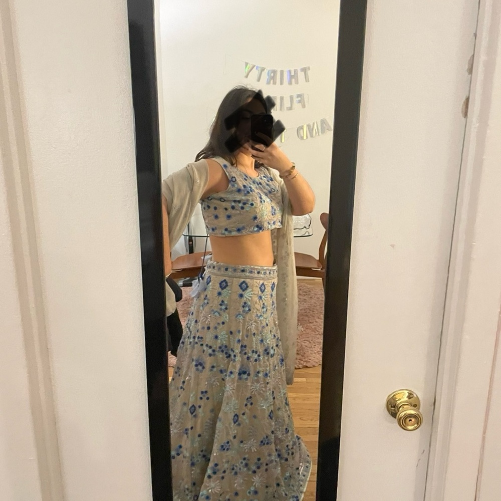 Elegant Blue Floral Embroidered Lehenga - Picture 2 of 3